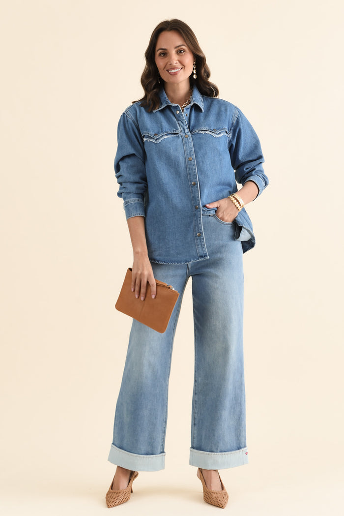 Deb Mid Blue Denim Wide Leg Jeans,brunette model,Full Outfit,alt text|model:MJ