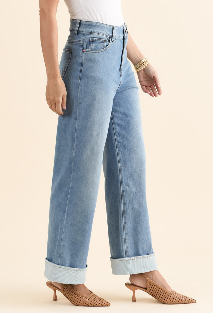 Deb Mid Blue Denim Wide Leg Jeans,brunette model,Side of Outfit,alt text|model:MJ