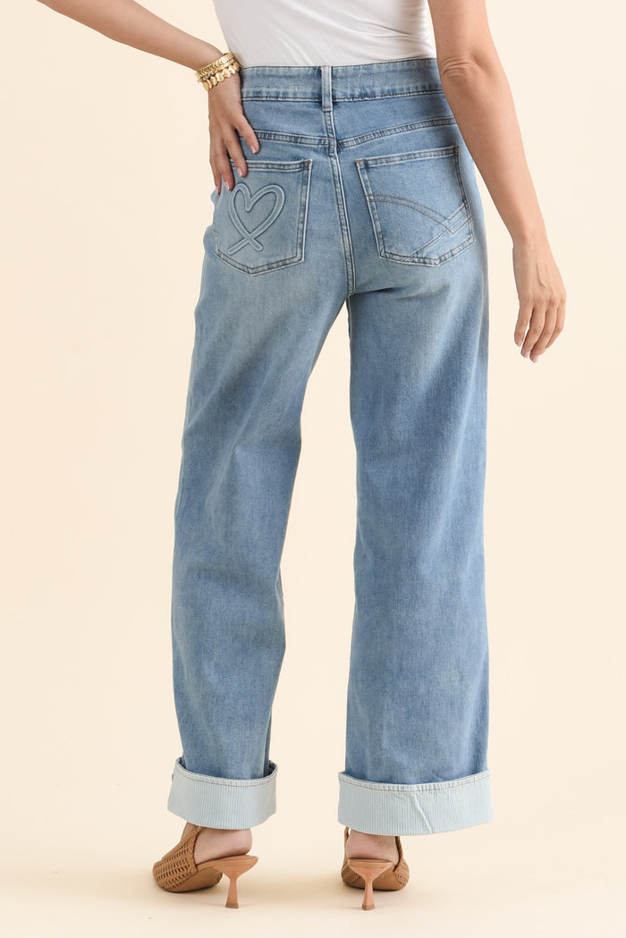 Deb Mid Blue Denim Wide Leg Jeans,brunette model,Back of Outfit,alt text|model:MJ