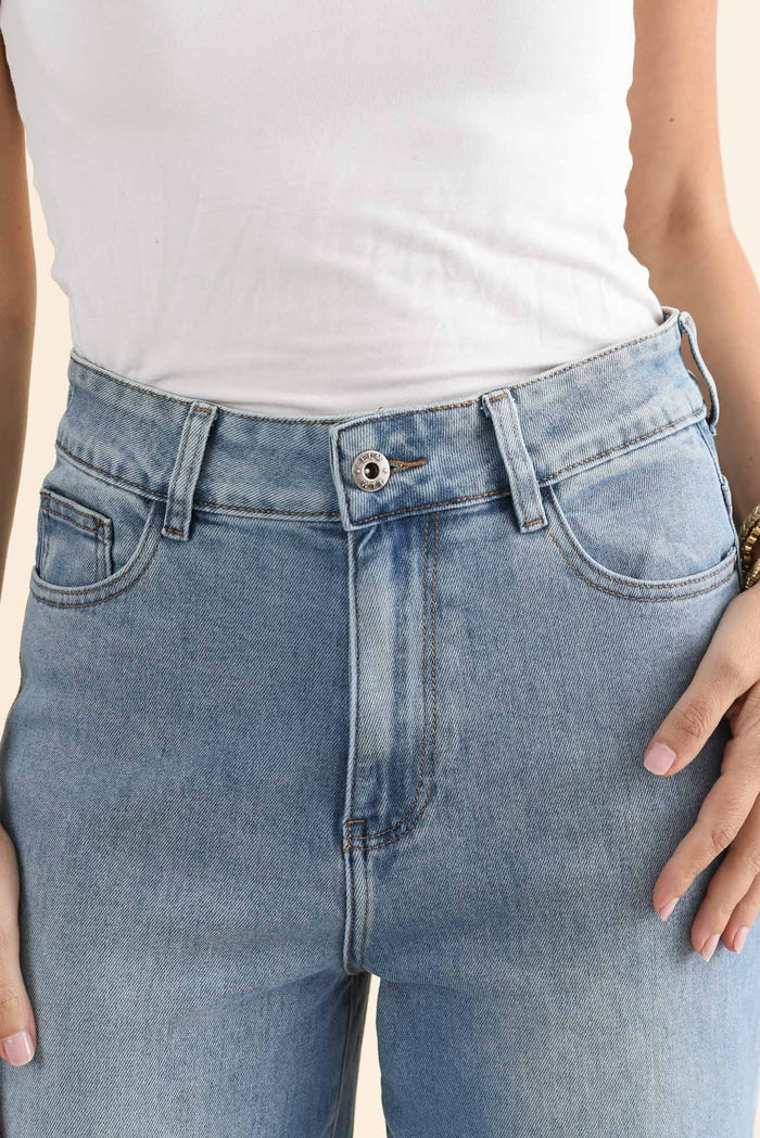 Deb Mid Blue Denim Wide Leg Jeans,brunette model,Close up of outfit,alt text|model:MJ