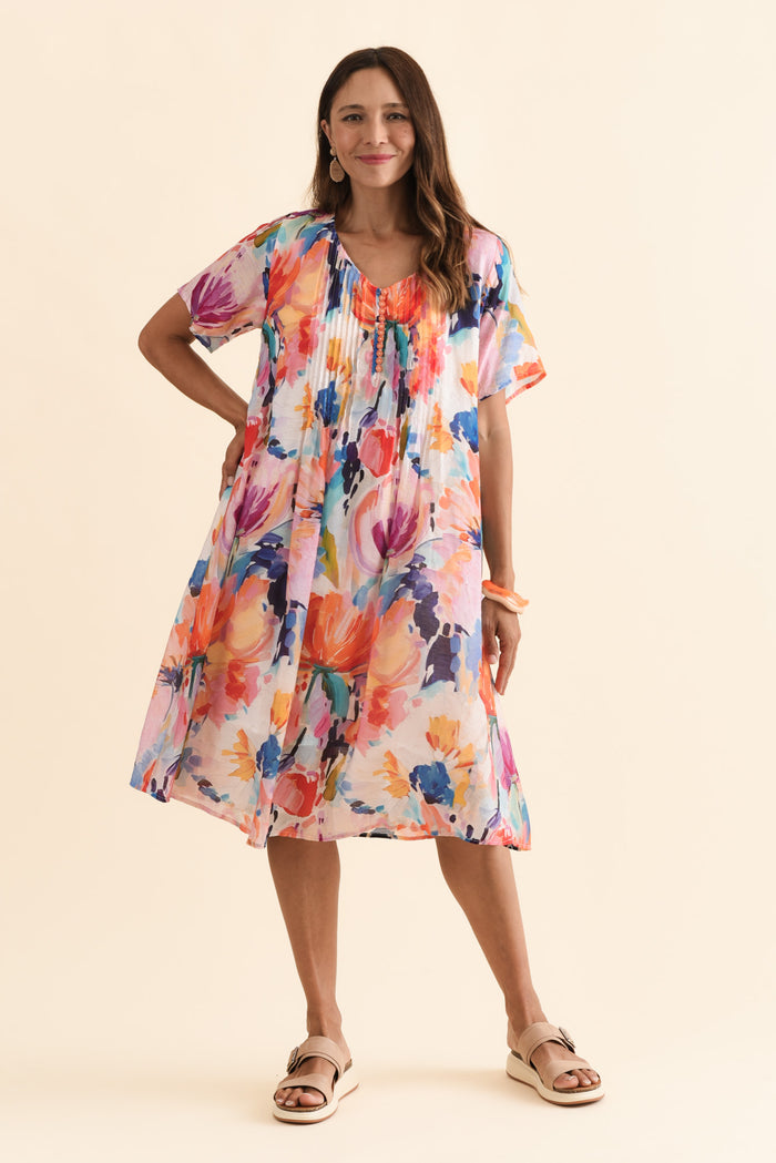 Debbie Orange Floral Pleated Dress,Brunette model,alt text|model:Cara