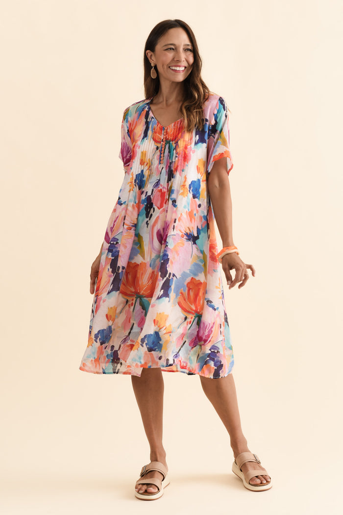 Debbie Orange Floral Pleated Dress,Brunette model,alt text|model:Cara