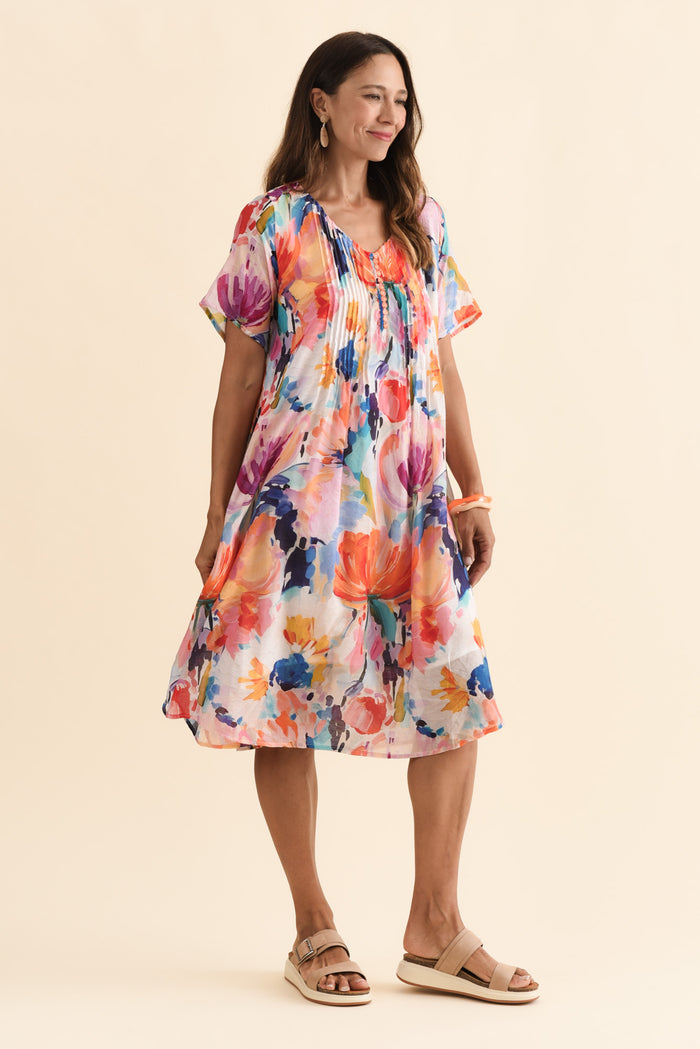 Debbie Orange Floral Pleated Dress,Brunette model,alt text|model:Cara