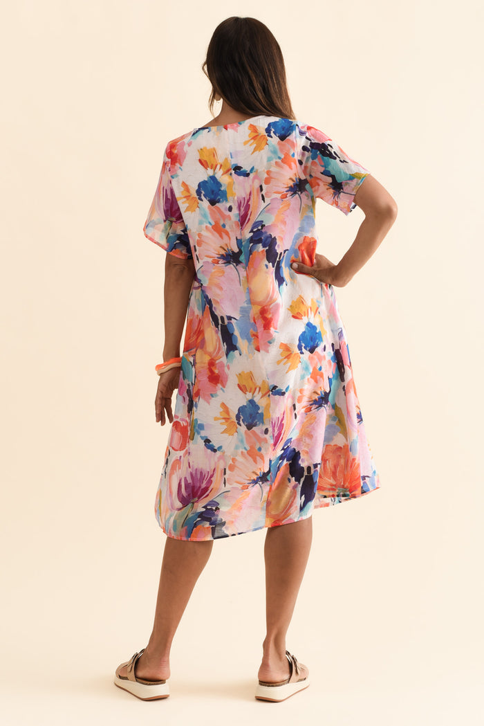 Debbie Orange Floral Pleated Dress,Brunette model,alt text|model:Cara