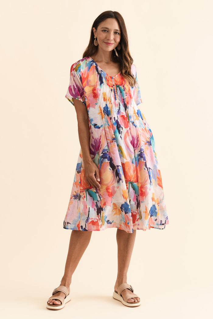 Debbie Orange Floral Pleated Dress,Brunette model,alt text|model:Cara