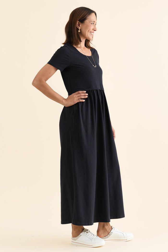 Deidra Navy Cotton Pocket Dress,Side,Brunette model,alt text|model:Cara