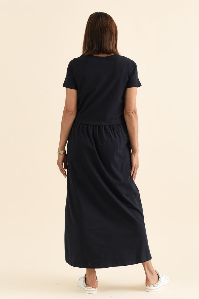 Deidra Navy Cotton Pocket Dress,Back,Brunette model,alt text|model:Cara