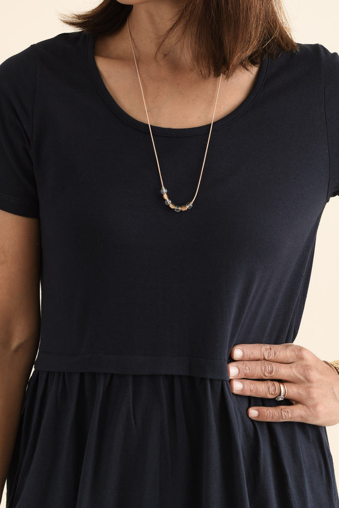 Deidra Navy Cotton Pocket Dress,Detail,Brunette model,alt text|model:Cara