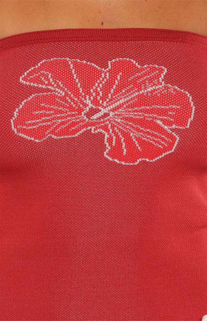 Deja Red Knit Hibiscus Strapless Tube Top