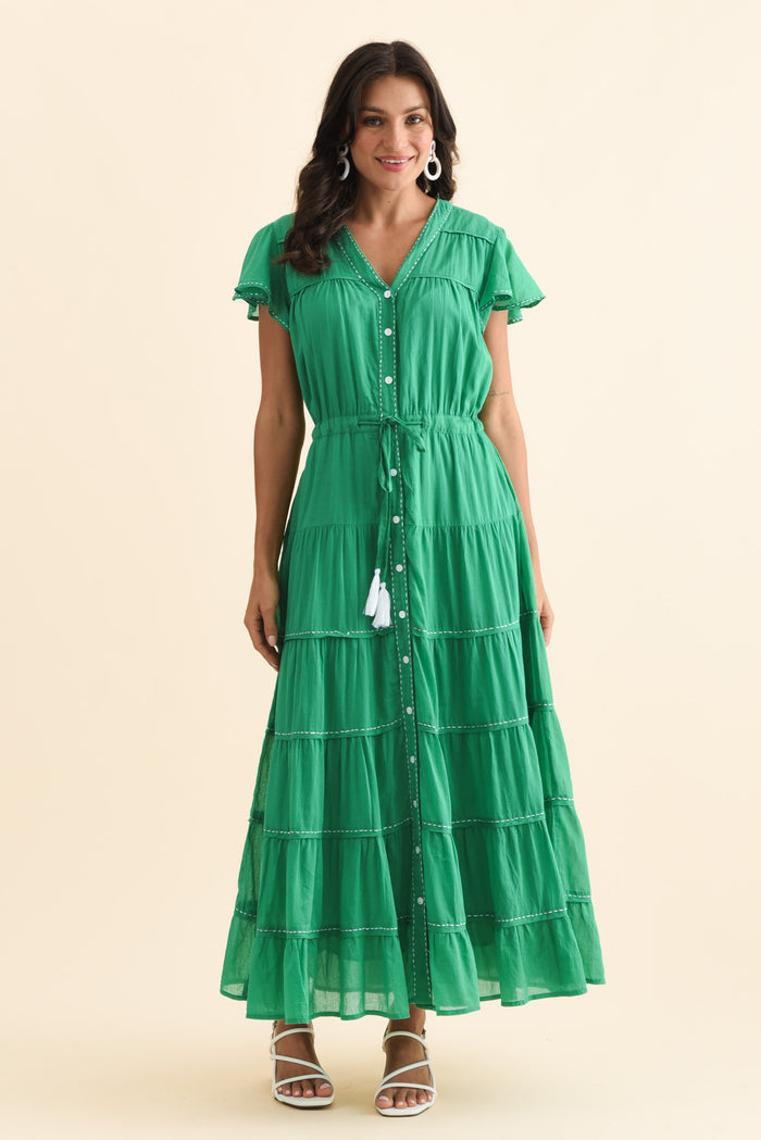 Delilah Green Cotton Tier Dress,Brunette model,alt text|model:Brontie