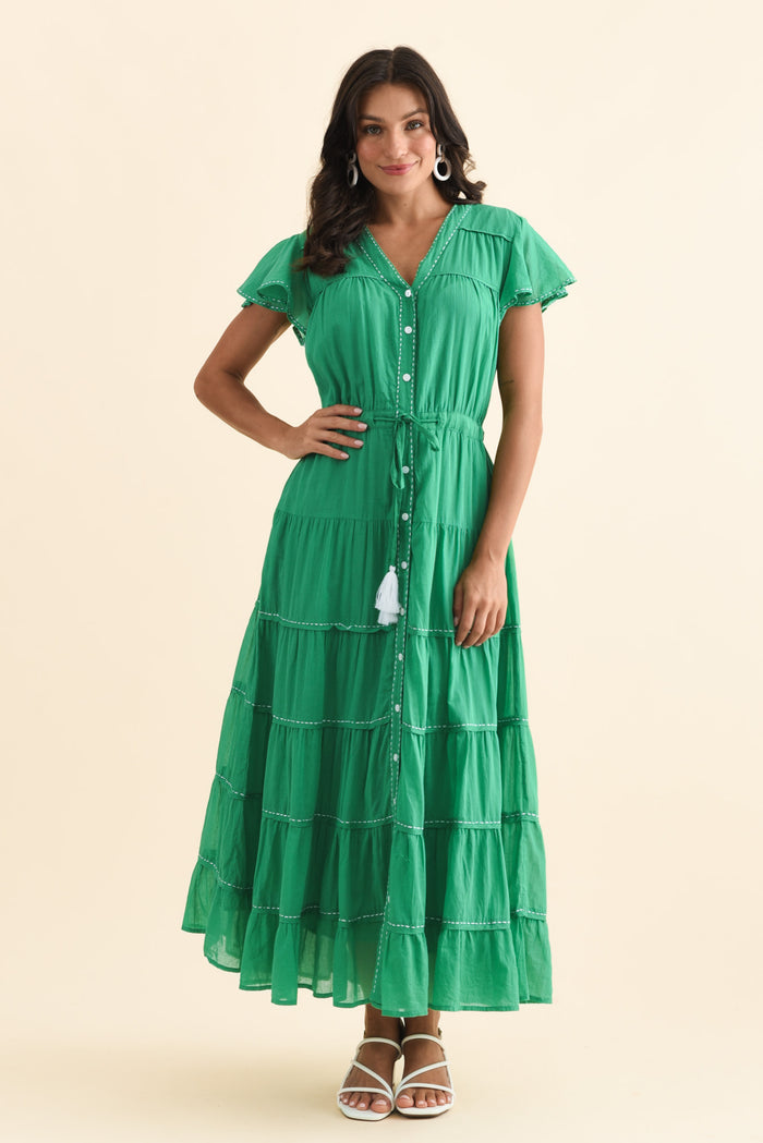 Delilah Green Cotton Tier Dress,Brunette model,alt text|model:Brontie