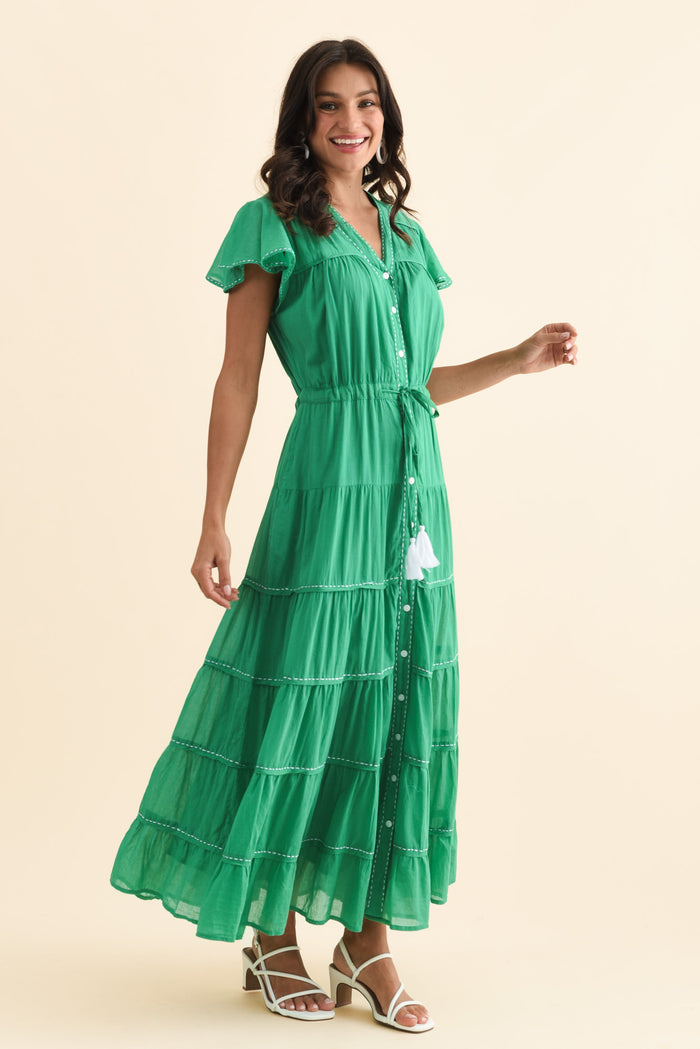 Delilah Green Cotton Tier Dress,Brunette model,alt text|model:Brontie