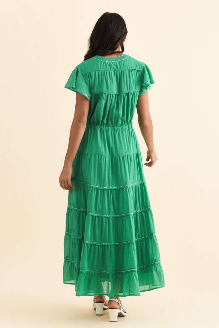 Delilah Green Cotton Tier Dress,Brunette model,alt text|model:Brontie