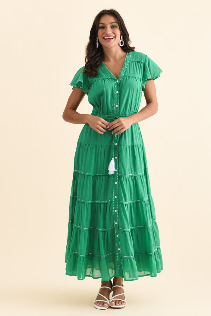 Delilah Green Cotton Tier Dress,Brunette model,alt text|model:Brontie