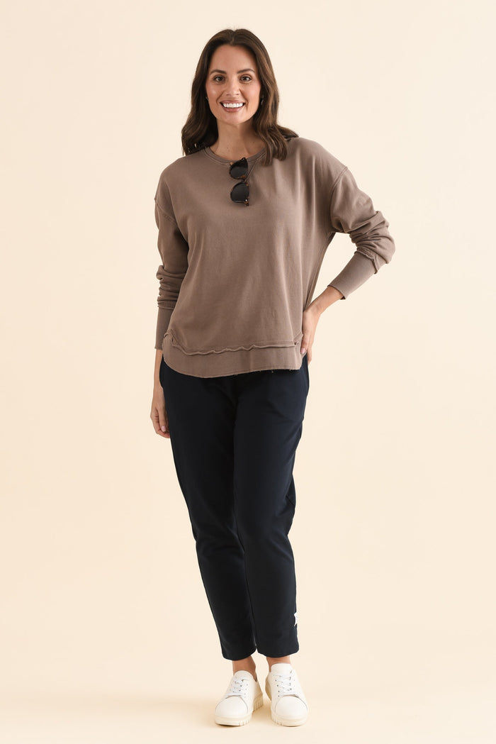 Delilah Mocha Cotton Crewneck Sweatshirt,Full Body,Brunette model,alt text|model:MJ