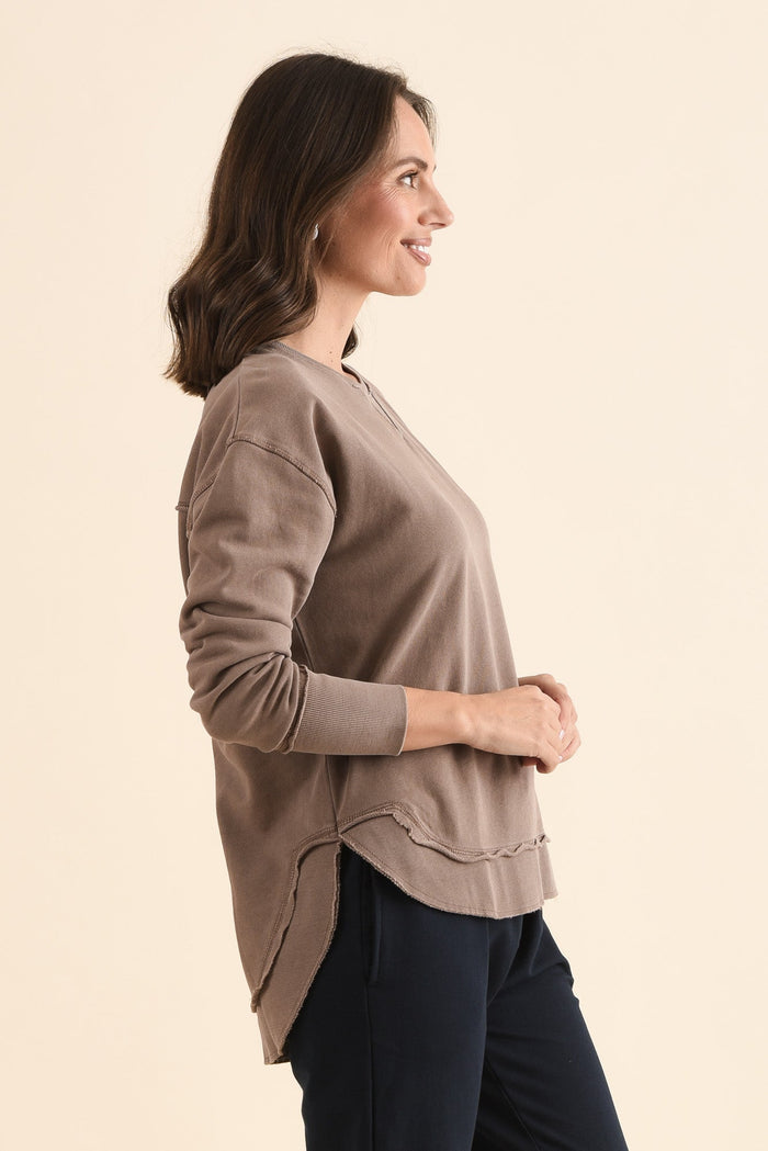 Delilah Mocha Cotton Crewneck Sweatshirt,Side,Brunette model,alt text|model:MJ