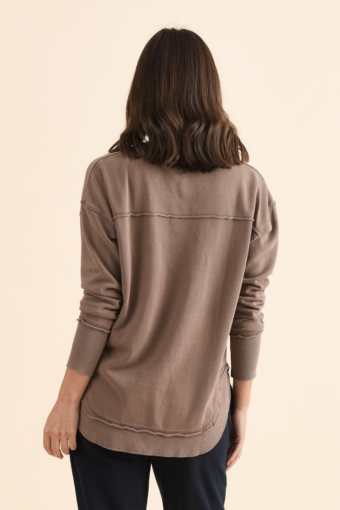 Delilah Mocha Cotton Crewneck Sweatshirt,Back,Brunette model,alt text|model:MJ