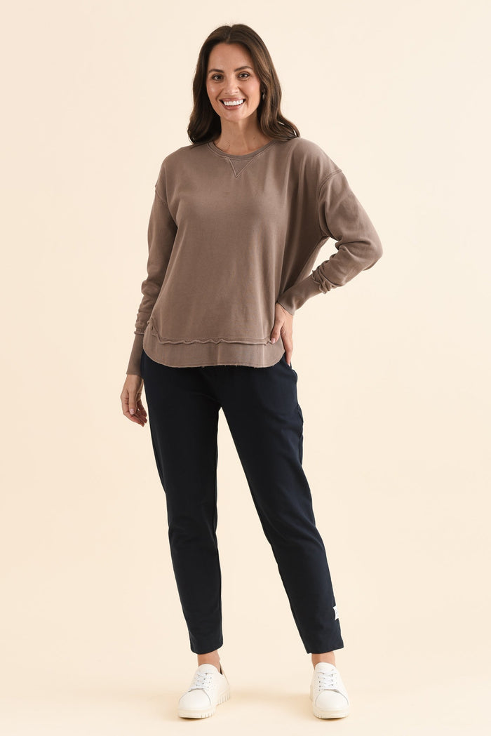 Delilah Mocha Cotton Crewneck Sweatshirt,Full Body,Brunette model,alt text|model:MJ