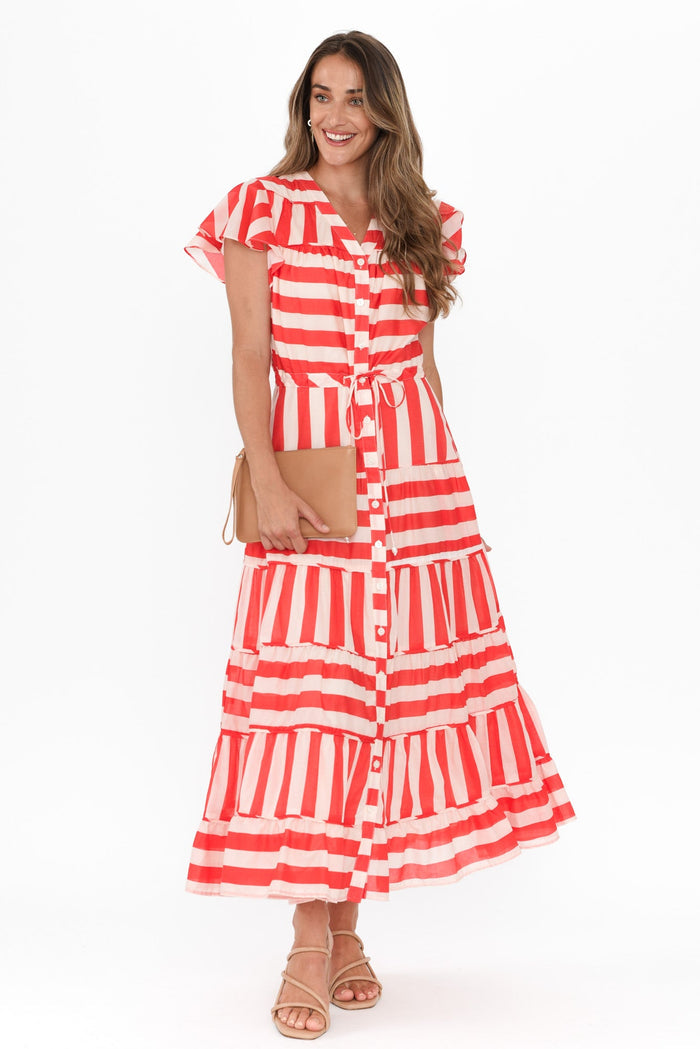 Delilah Red Stripe Cotton Tiered Dress,Brunette model,alt text|model:Johanna