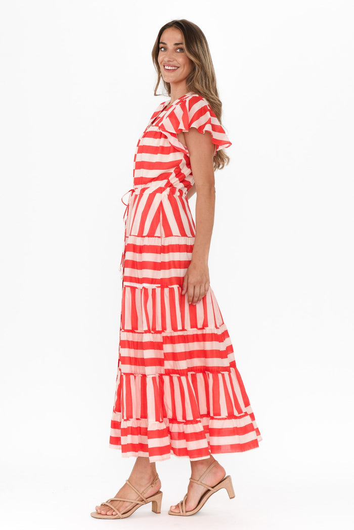 Delilah Red Stripe Cotton Tiered Dress,Brunette model,alt text|model:Johanna