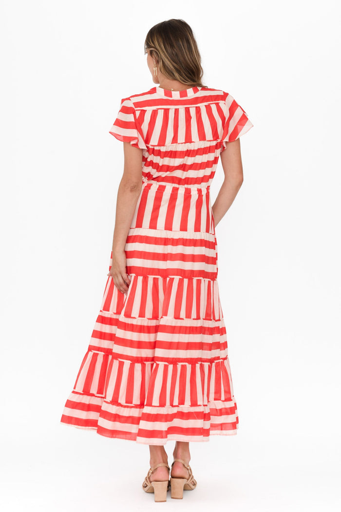 Delilah Red Stripe Cotton Tiered Dress,Brunette model,alt text|model:Johanna
