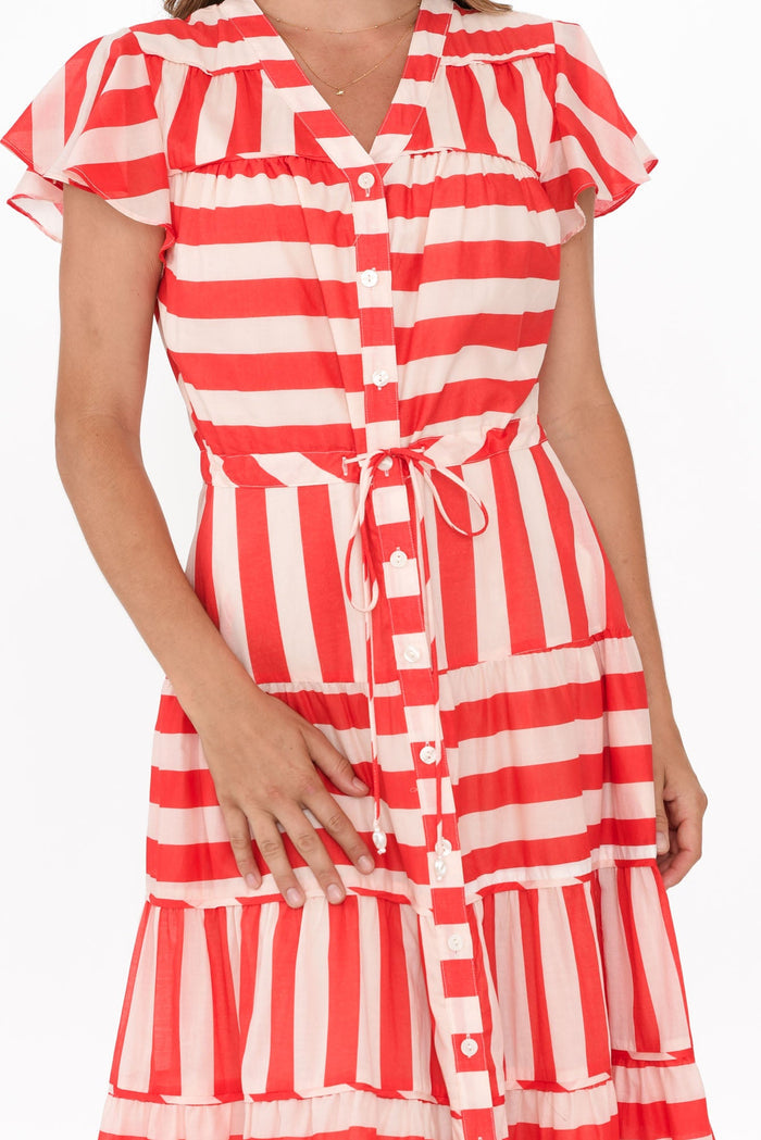 Delilah Red Stripe Cotton Tiered Dress,Brunette model,alt text|model:Johanna