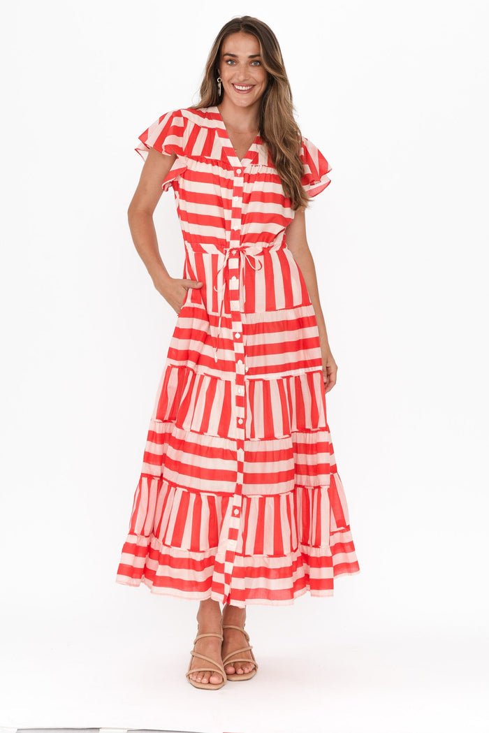 Delilah Red Stripe Cotton Tiered Dress,Brunette model,alt text|model:Johanna