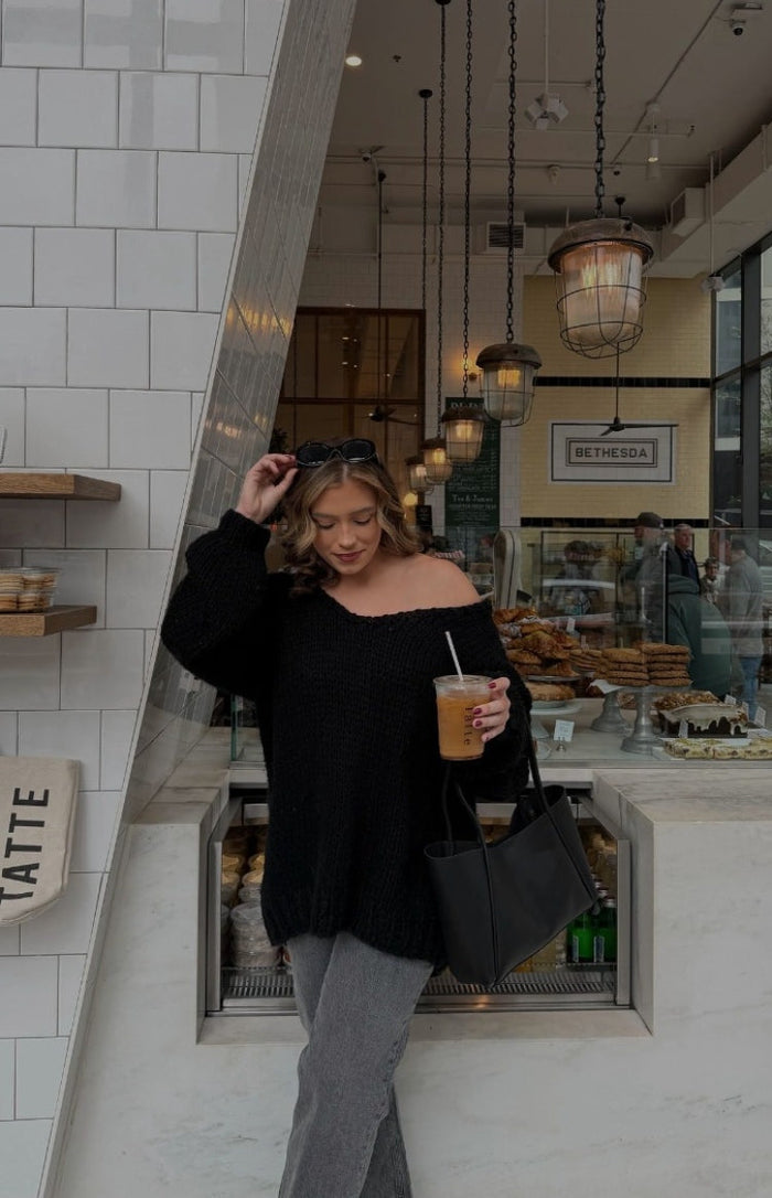 Beginning Boutique Delvey Black Chunky Knit Sweater black chunky knit oversized V-neck sweater with long balloon sleeves