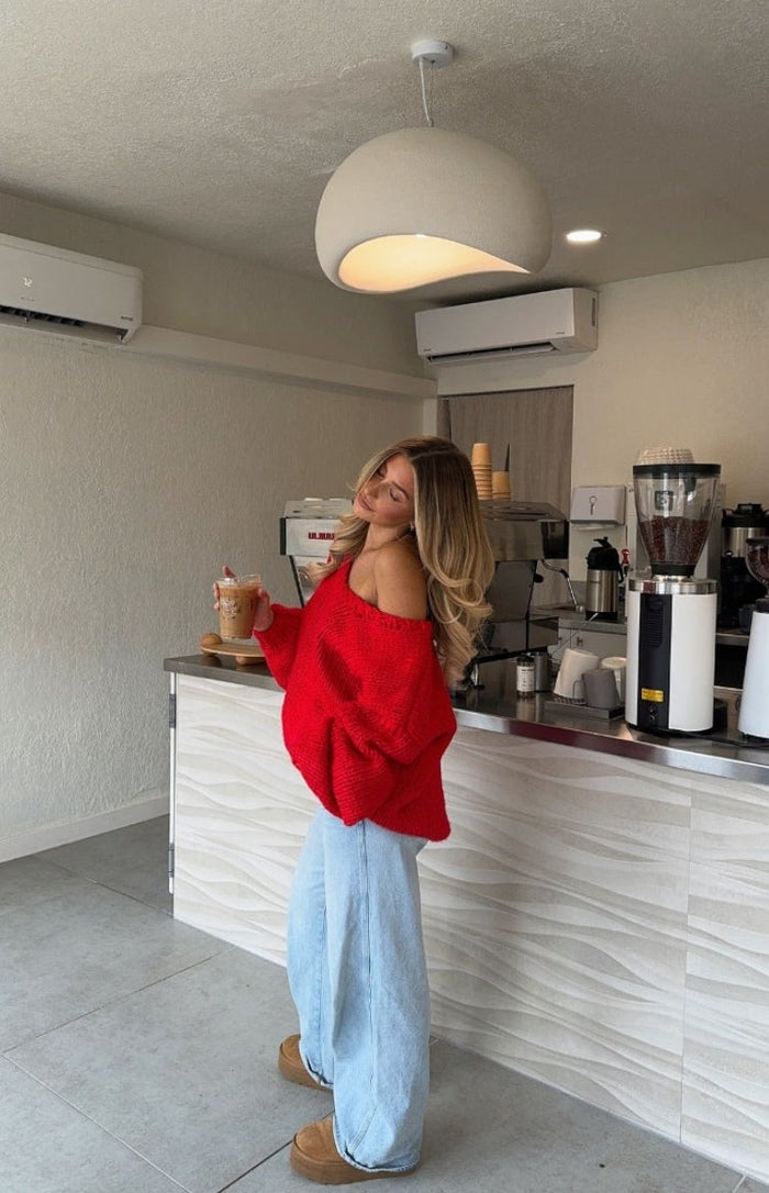 Beginning Boutique Delvey Red Chunky Knit Sweater red chunky knit oversized off-shoulder sweater with wide neckline