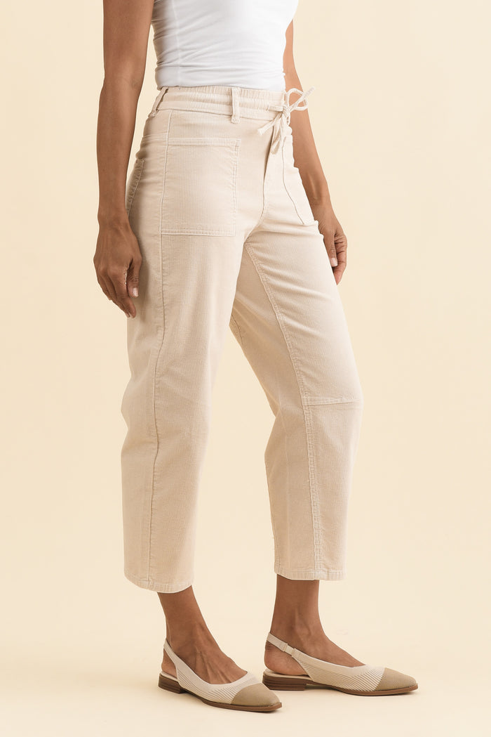 Denny Cream Corduroy Barrel Jeans,Brunette model,alt text|model:Cara