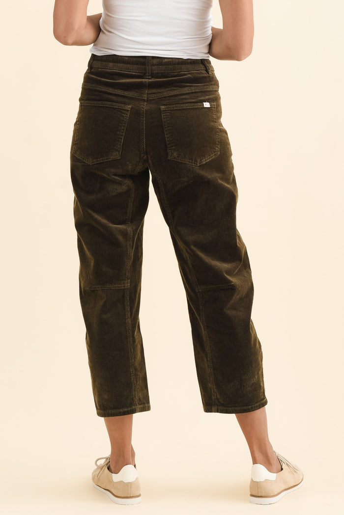 Denny Dark Green Corduroy Barrel Jeans,Brunette model,alt text|model:Cara
