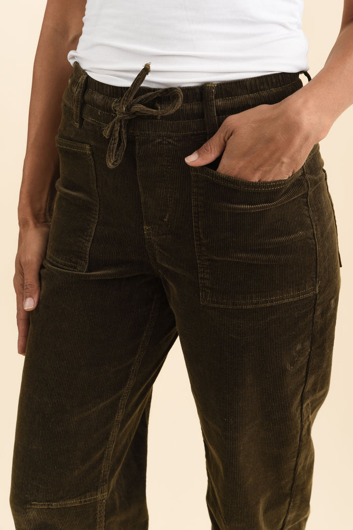 Denny Dark Green Corduroy Barrel Jeans,Brunette model,alt text|model:Cara