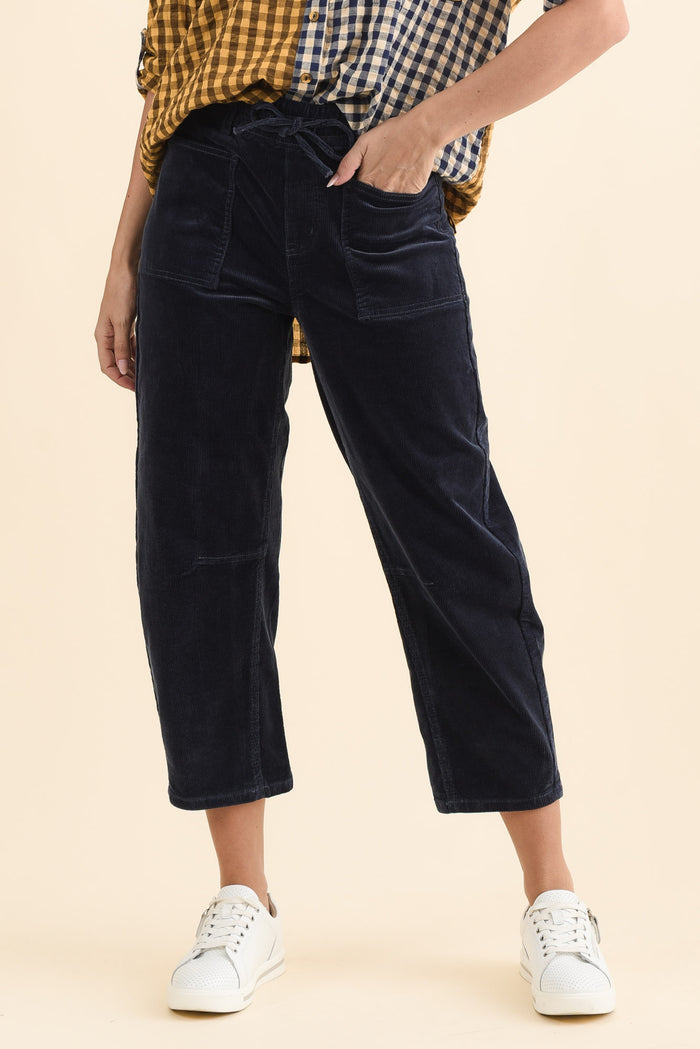 Denny Navy Corduroy Barrel Jeans,Brunette model,alt text|model:MJ