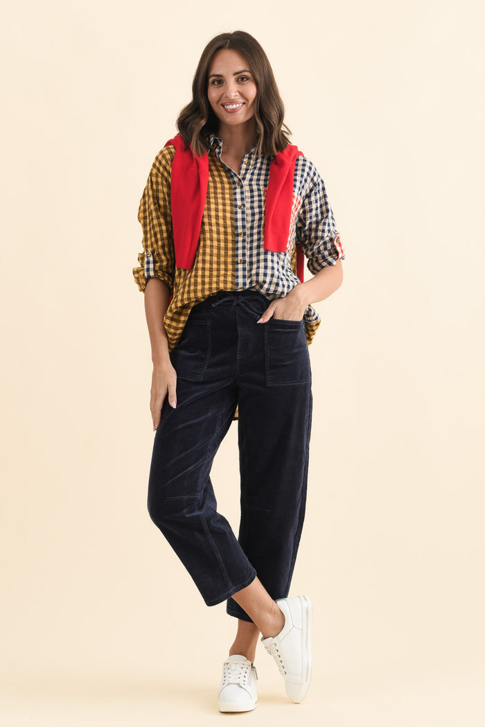 Denny Navy Corduroy Barrel Jeans,Brunette model,alt text|model:MJ