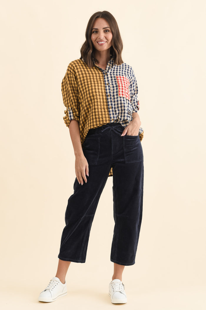 Denny Navy Corduroy Barrel Jeans,Brunette model,alt text|model:MJ