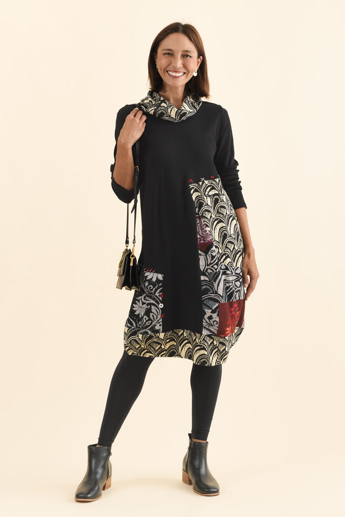 Deola Black Patchwork Knit Dress,Brunette model,alt text|model:Cara