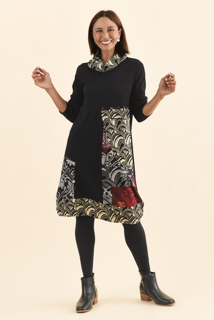 Deola Black Patchwork Knit Dress,Brunette model,alt text|model:Cara