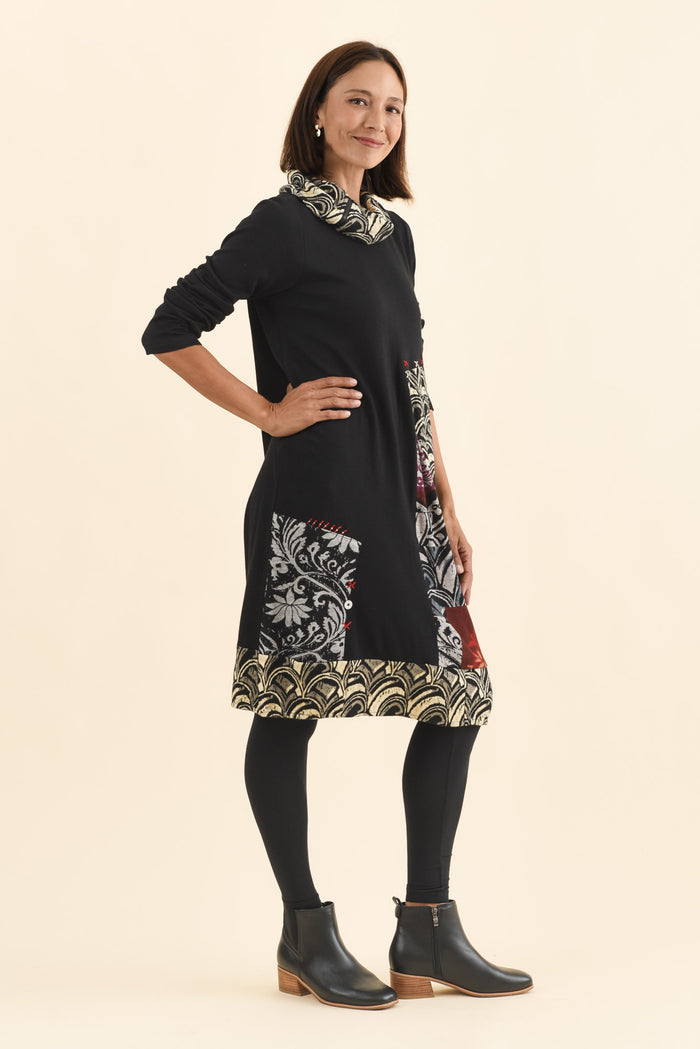 Deola Black Patchwork Knit Dress,Brunette model,alt text|model:Cara