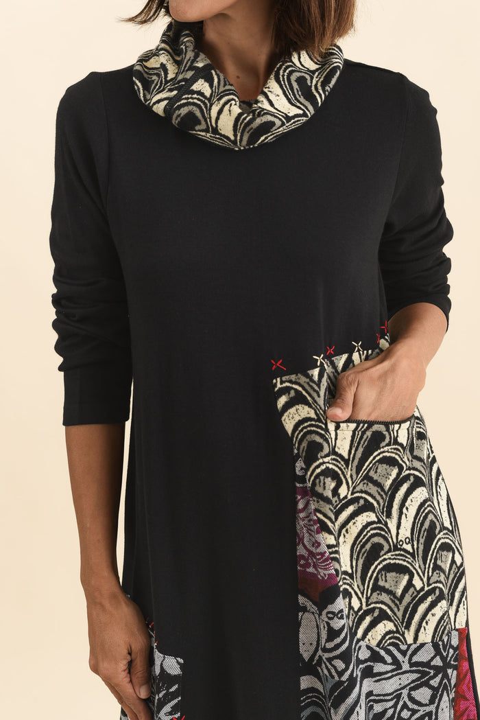 Deola Black Patchwork Knit Dress,Brunette model,alt text|model:Cara