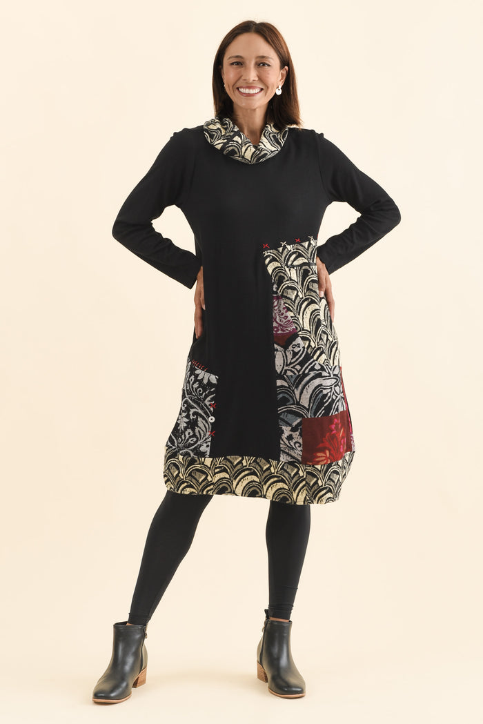 Deola Black Patchwork Knit Dress,Brunette model,alt text|model:Cara