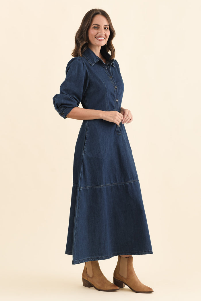 Detroit Dark Blue Denim Sleeved Dress