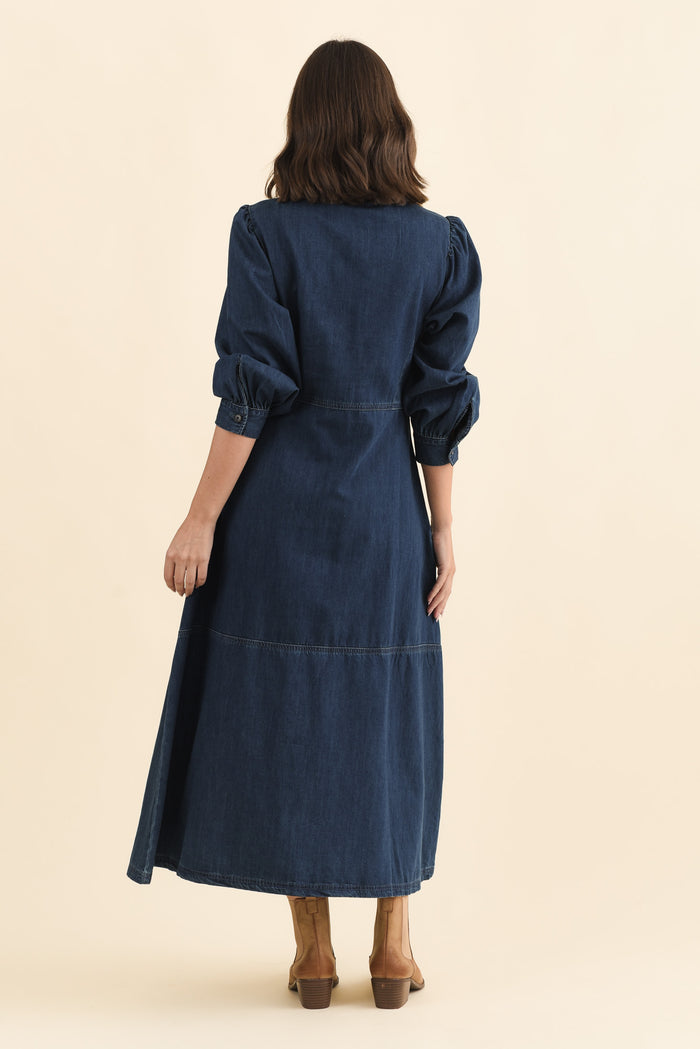 Detroit Dark Blue Denim Sleeved Dress