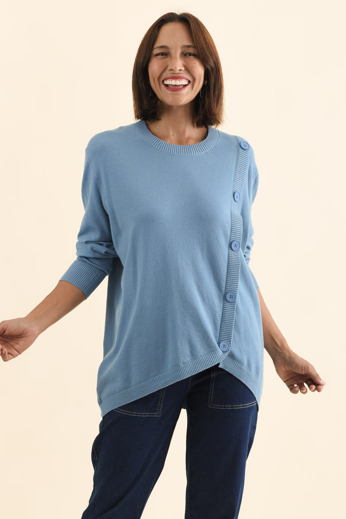 Dianne Blue Button Knit Jumper,Brunette model,alt text|model:Cara