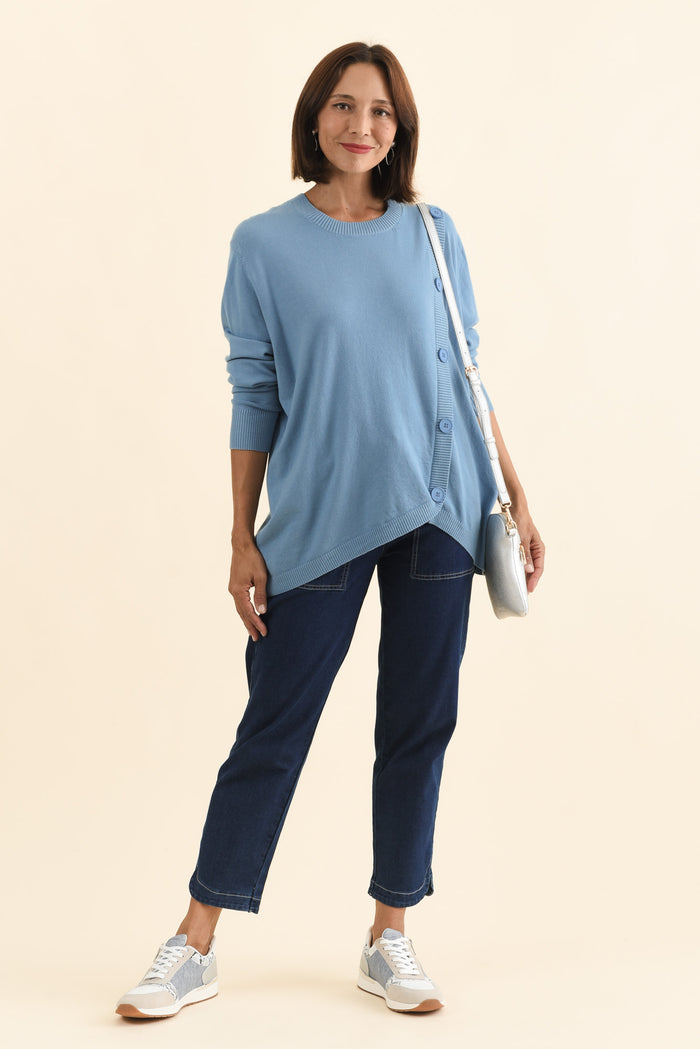 Dianne Blue Button Knit Jumper,Brunette model,alt text|model:Cara