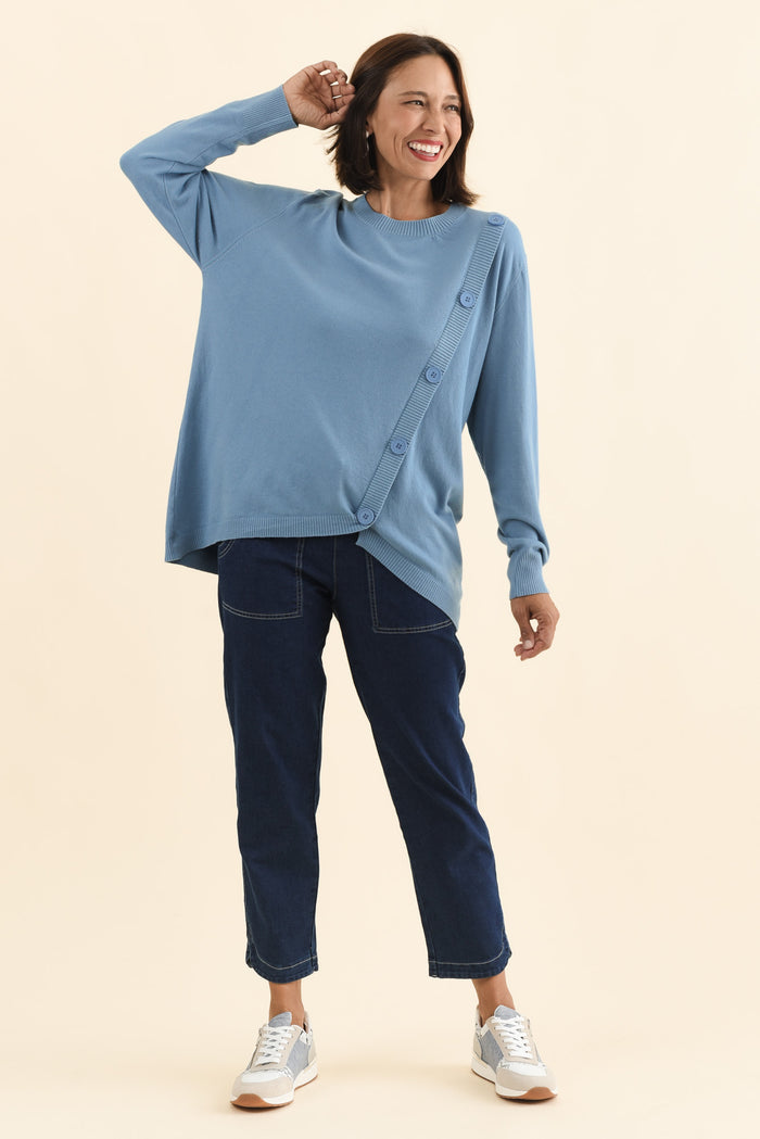 Dianne Blue Button Knit Jumper,Brunette model,alt text|model:Cara