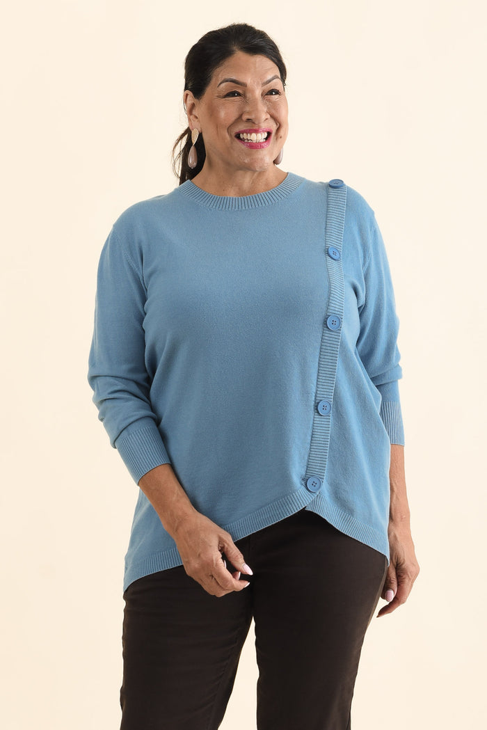 Dianne Blue Button Knit Jumper,Brunette model,alt text|model:Pilita