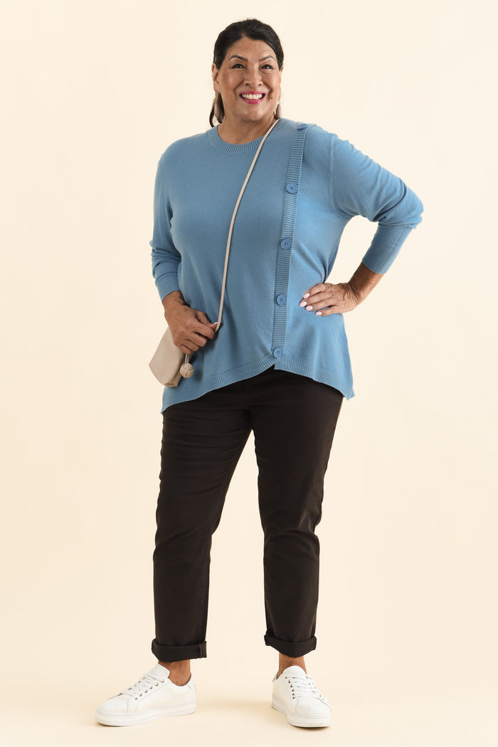 Dianne Blue Button Knit Jumper,Brunette model,alt text|model:Pilita