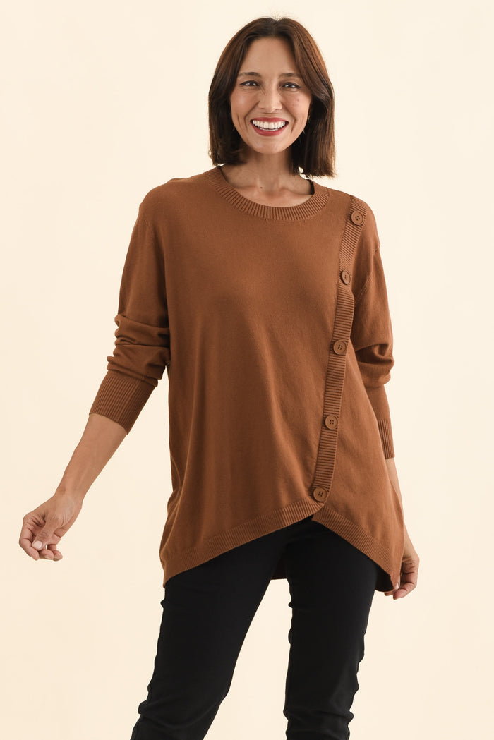 Dianne Chocolate Button Knit Jumper,Brunette model,alt text|model:Cara