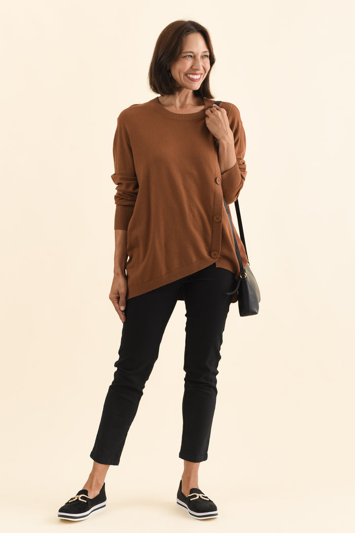Dianne Chocolate Button Knit Jumper,Brunette model,alt text|model:Cara