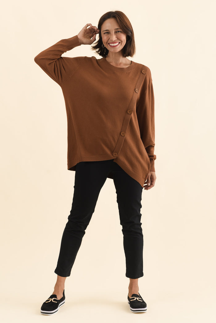 Dianne Chocolate Button Knit Jumper,Brunette model,alt text|model:Cara